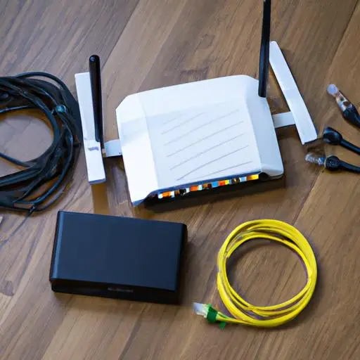 Một bộ dụng cụ lắp đặt wifi bao gồm router, cáp Ethernet và modem.