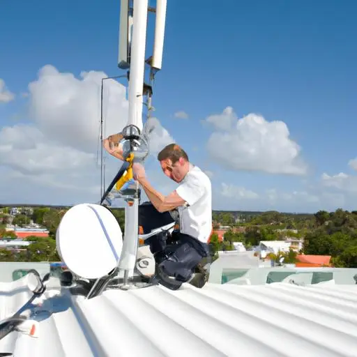 Kỹ thuật viên đang lắp đặt ăng-ten wifi VNPT trên mái nhà