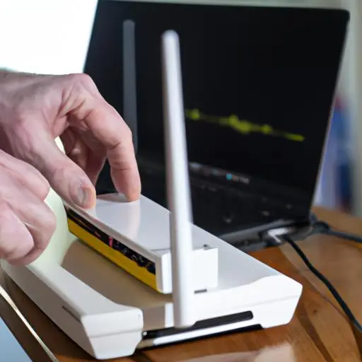 Một người đang lắp đặt một router wifi, kết nối cáp và cấu hình các thiết lập.