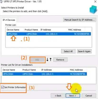 Bước 3: Chọn máy in đã tìm thấy