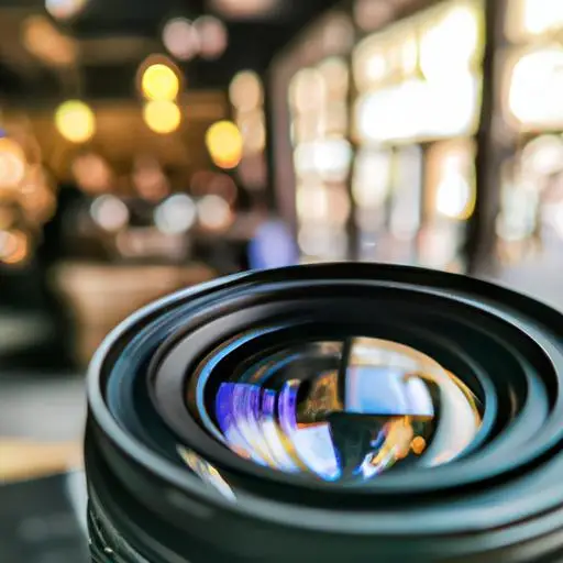 Chụp từ gần về ống kính camera với phông nền quán cà phê mờ, tượng trưng cho tầm quan trọng của chất lượng ống kính