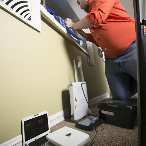 Kỹ thuật viên cài đặt thiết bị wifi tại văn phòng công ty.