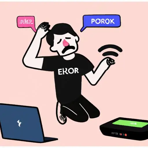 Người dùng bực bội nhìn vào các thiết bị bị mất kết nối và router Wifi Softbank với đèn báo lỗi màu đỏ.