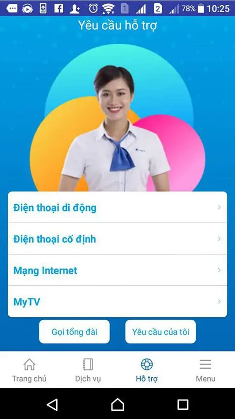 Phần hỗ trợ khách hàng trên ứng dụng My VNPT