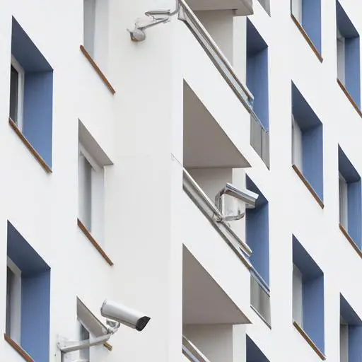 Tòa nhà chung cư hiện đại với camera giám sát được lắp đặt trên mỗi tầng.