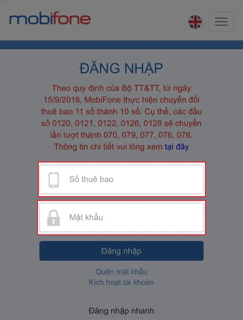 Đăng nhập tài khoản Mobifone