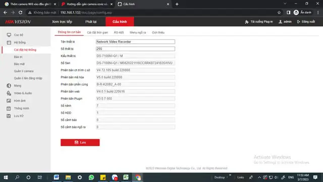 Giao diện web cấu hình đầu ghi Hikvision để thêm camera Ezviz