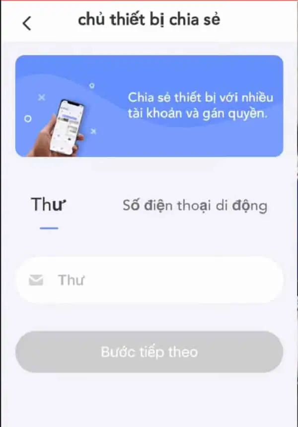 Nhập số điện thoại hoặc email để chia sẻ quyền xem camera Ezviz, chọn mã vùng +84