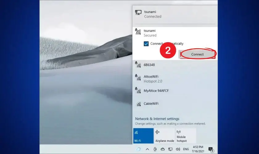 Bảng chọn mạng Wi-Fi trên Windows 10 từ Taskbar, thiết lập Connect Automatically