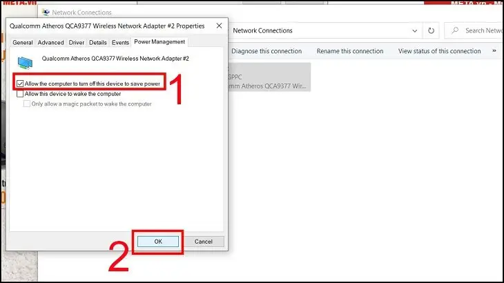Bỏ chọn Allow the computer to turn off this device to save power để tránh ngắt WiFi