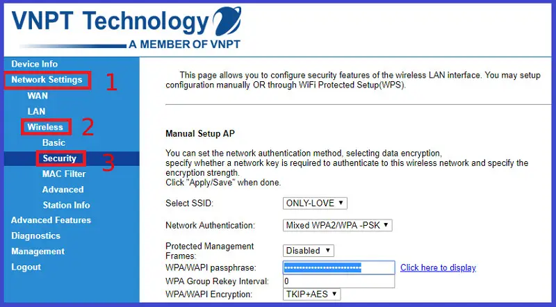 Cài đặt SSID và mật khẩu WPA2/WPA3 cho WiFi modem VNPT băng tần 2.4GHz và 5GHz