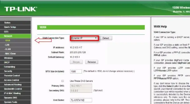 Chọn Dynamic IP trong mục WAN Connection Type trên TP-Link WR820N
