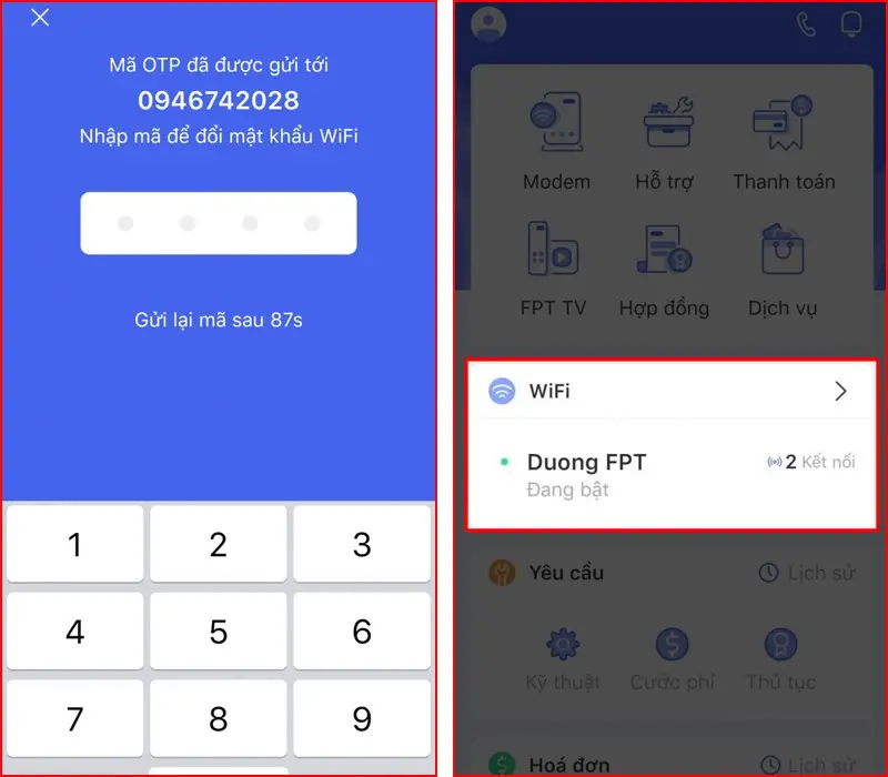 Chọn mục Wi-Fi trong ứng dụng Hi FPT để chỉnh mật khẩu