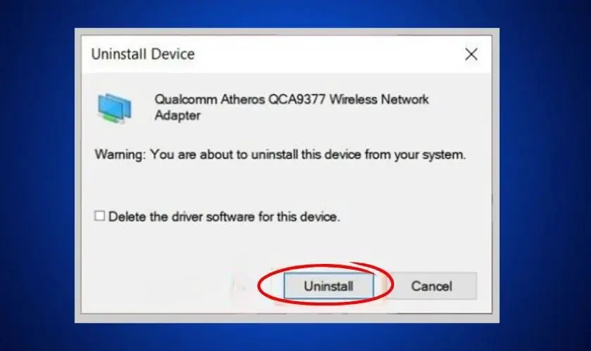 Cửa sổ xác nhận Uninstall driver Wi-Fi trước khi cài đặt lại từ Asus