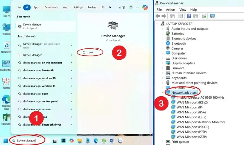 Device Manager hiển thị Network adapters trên Windows, chuẩn bị gỡ driver Wi-Fi