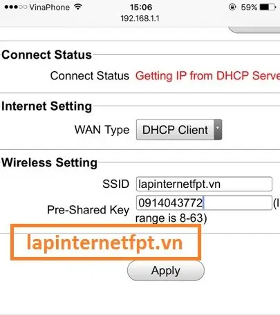 Đổi tên mạng Wi-Fi và đặt mật khẩu mới trên Totolink N300RT, nhấn Apply để lưu