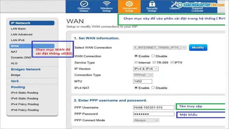 Giao diện Advanced Setup trên modem FPT – cấu hình PPPoE