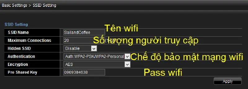 Giao diện cấu hình SSID và mật khẩu trong phần Wireless LAN trên modem Viettel