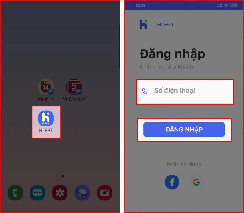 Giao diện Hi FPT đăng nhập số điện thoại hợp đồng để quản lý Wi-Fi
