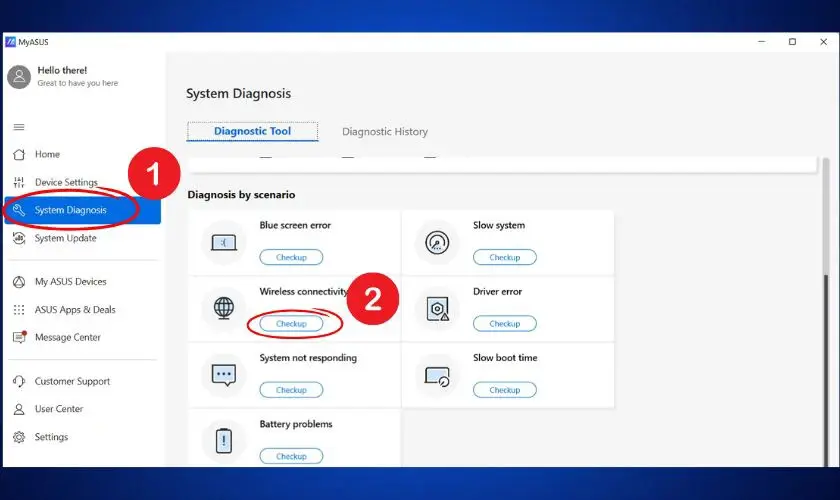 Giao diện MyASUS System Diagnosis chọn Wireless Connectivity Problems để kiểm tra lỗi mạng