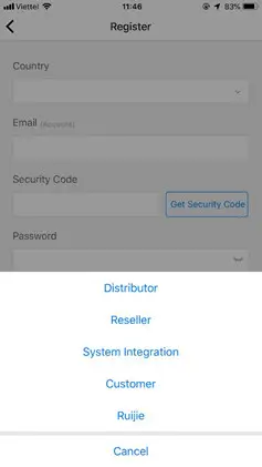 Giao diện nhập mã xác minh bảo mật Ruijie Cloud khi tạo tài khoản