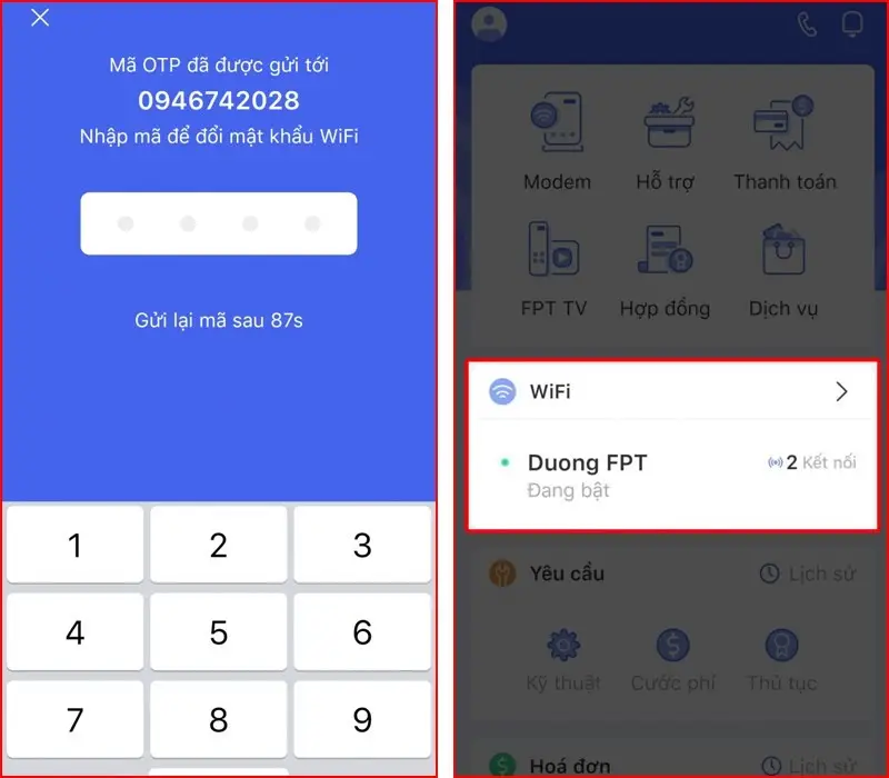Giao diện quản lý WiFi trong Hi FPT, truy cập mục thay đổi thông tin mạng