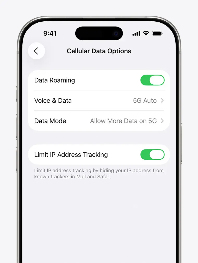 Giao diện Tùy chọn dữ liệu di động trên iPhone minh họa phần quản lý mạng di động, không phải cài đặt Wi‑Fi