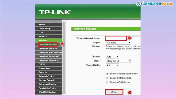 Giao diện Wireless Setting trên TP-Link để đặt tên Wi-Fi
