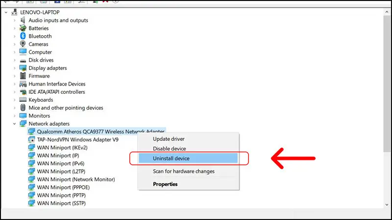 Gỡ driver Wi-Fi cũ bằng Uninstall Device để cài mới