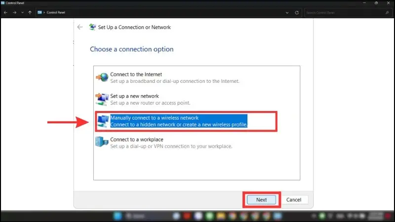Hộp thoại Manually connect to a wireless network để nhập SSID ẩn và chuẩn bảo mật WPA2/WPA3