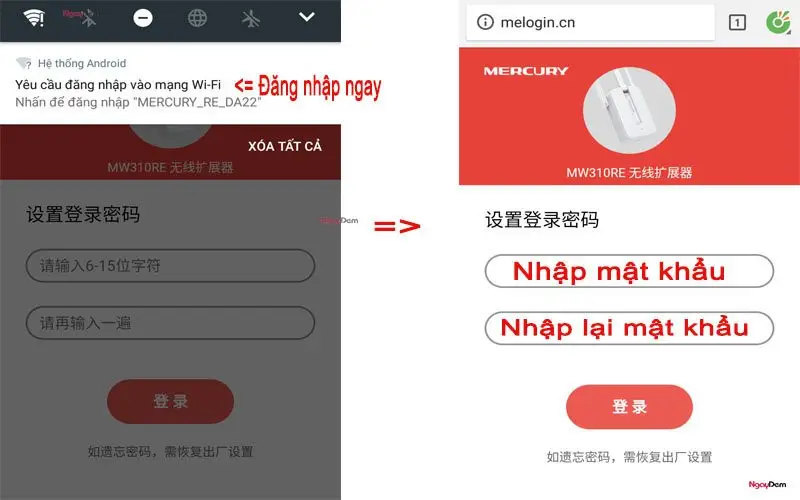 Kết nối SSID MERCURY_RE_xxxx trên điện thoại trước khi truy cập melogin.cn để cấu hình bộ kích sóng WiFi Mercury MW310RE