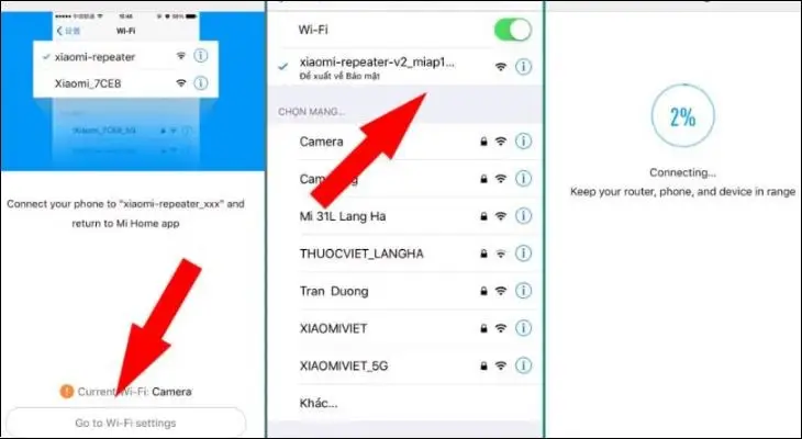 Kết nối vào SSID tạm của Xiaomi Extender, sau đó quay lại Mi Home để hoàn tất ghép nối