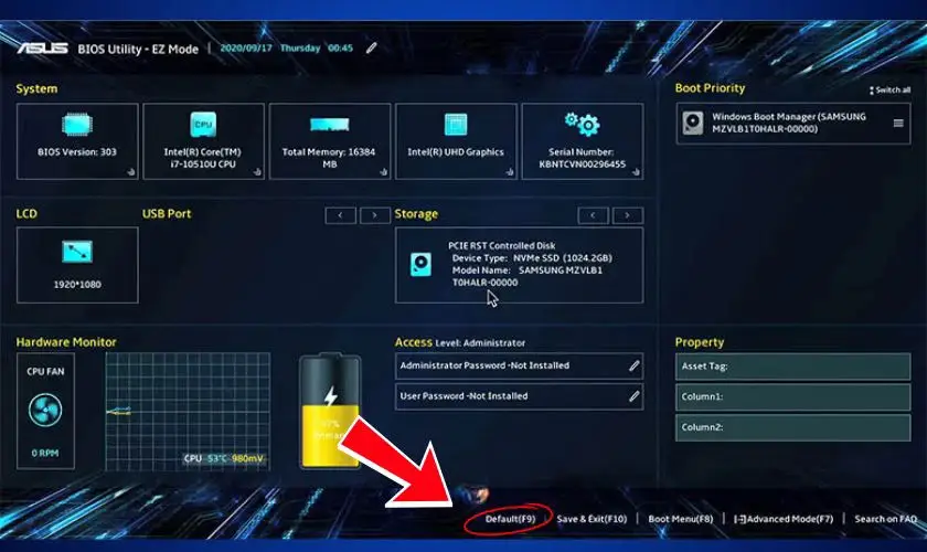 Màn hình BIOS với tùy chọn Load Setup Defaults để khôi phục mặc định và sửa lỗi Wi-Fi