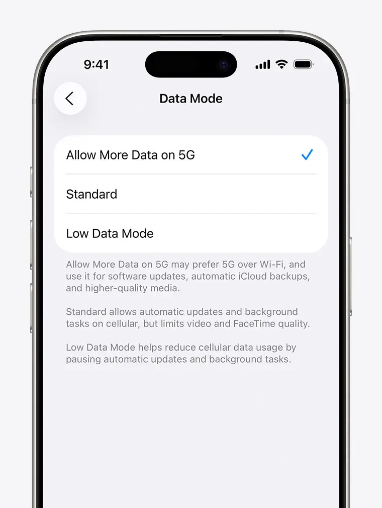 Màn hình Chế độ dữ liệu trên iPhone minh họa cách thiết bị có thể ưu tiên dữ liệu cao, giúp người dùng lưu ý tối ưu Wi‑Fi cho truyền phát HD