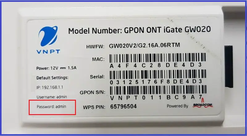 Màn hình đăng nhập trang quản trị modem VNPT với ô Username và Password