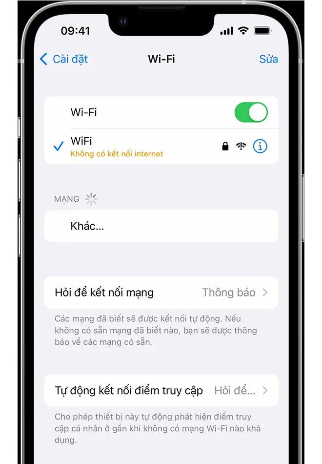 Màn hình iPhone hiển thị cảnh báo Không có kết nối Internet bên dưới tên mạng Wi‑Fi, minh họa xử lý sự cố mạng wifi trên iPhone