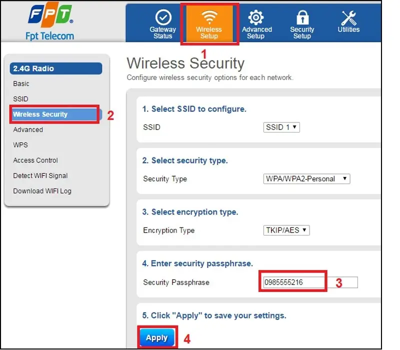 Màn hình Wireless Security trên modem FPT, trường Enter security passphrase để đổi pass