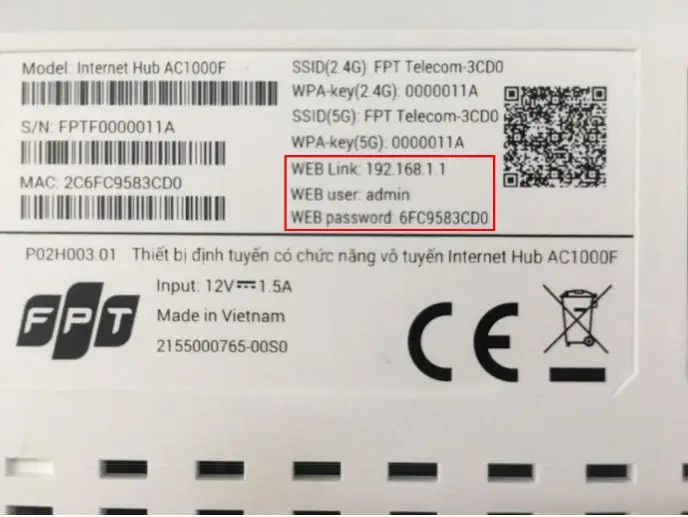 Mặt sau AC1000F hiển thị IP, SSID và mật khẩu mặc định, phục vụ cài đặt cấu hình wifi FPT mới nhất