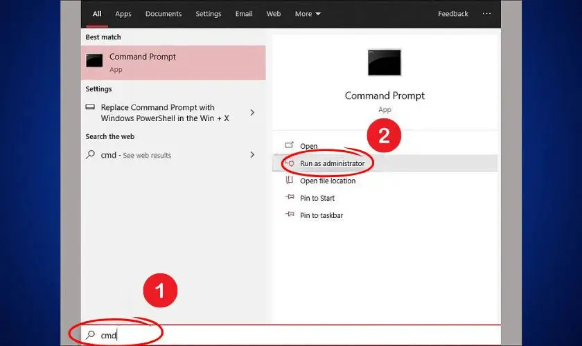 Mở Command Prompt với quyền admin trên Windows để chạy lệnh ipconfig làm mới IP
