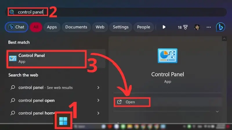 Mở Control Panel trên Windows 11 để thêm kết nối Wi‑Fi thủ công