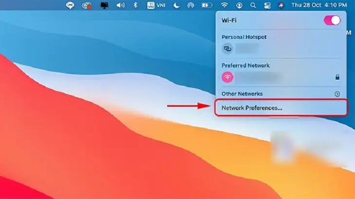 Mở Network Preferences trên macOS để cấu hình Wi-Fi