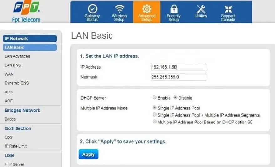 Modem FPT G97RG6M sau khi chuyển sang chế độ bộ phát wifi, tối ưu mạng nội bộ theo cài đặt cấu hình wifi FPT mới nhất
