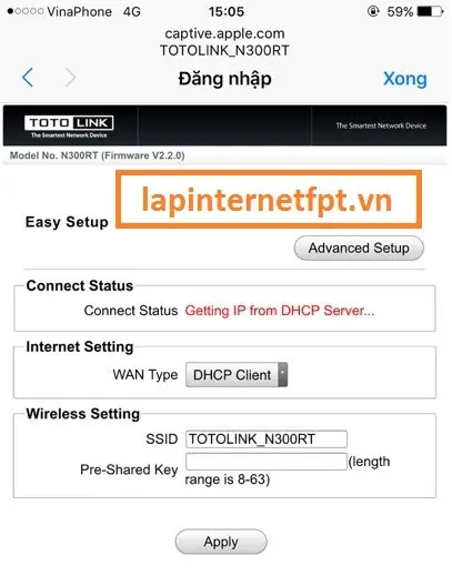 Mục SSID và mật khẩu Wifi mặc định Totolink N300RT trước khi cấu hình