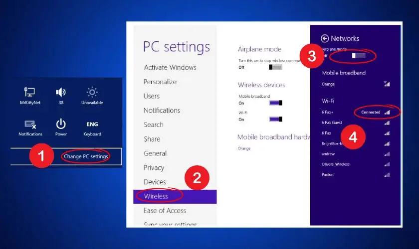 Mục Wireless trong Change PC settings trên Windows 8 để bật Wi-Fi và tắt chế độ máy bay