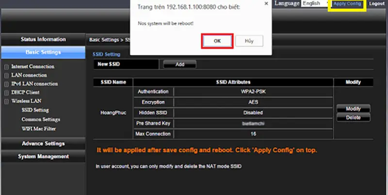 Nút Apply Config lưu cấu hình mật khẩu Wi-Fi Viettel