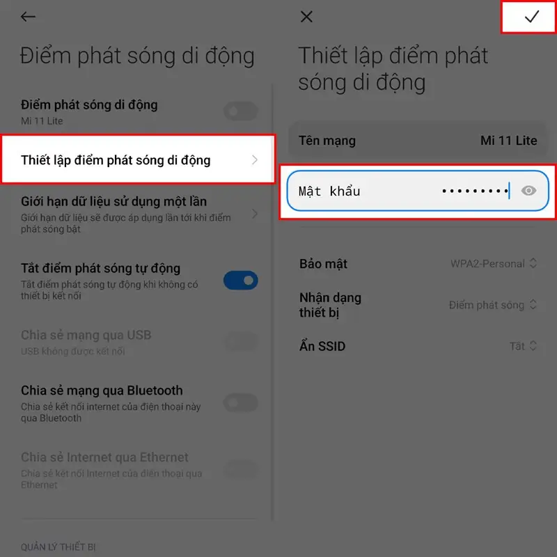 Ô mật khẩu Wi-Fi hotspot trong phần Thiết lập điểm phát sóng di động – đổi password 4G