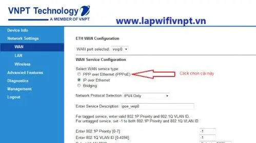Tạo kết nối WAN PPPoE và cấu hình ONT Authentication trên modem VNPT