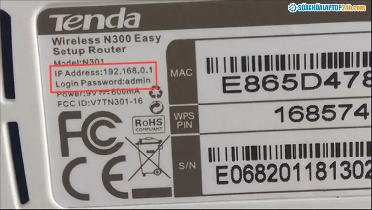 Tem sau modem Tenda hiển thị IP quản trị và mật khẩu