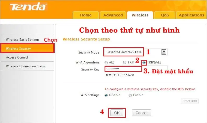 Thiết lập bảo mật WiFi Tenda, chọn WPA2-PSK AES và nhập Security Key để đặt mật khẩu mới