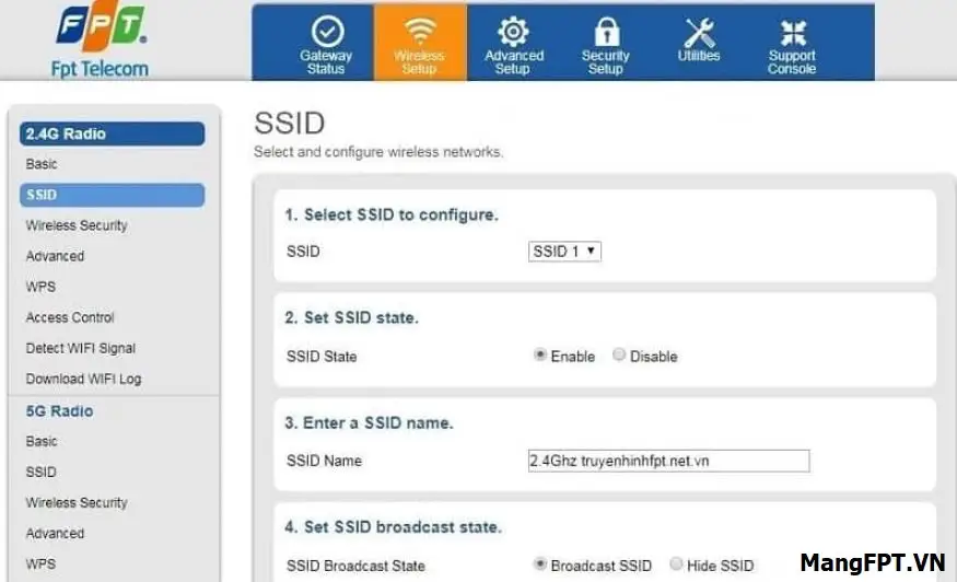 Thiết lập SSID và mật khẩu băng tần 2.4GHz trên modem G97RG6M theo hướng dẫn cài đặt cấu hình wifi FPT mới nhất